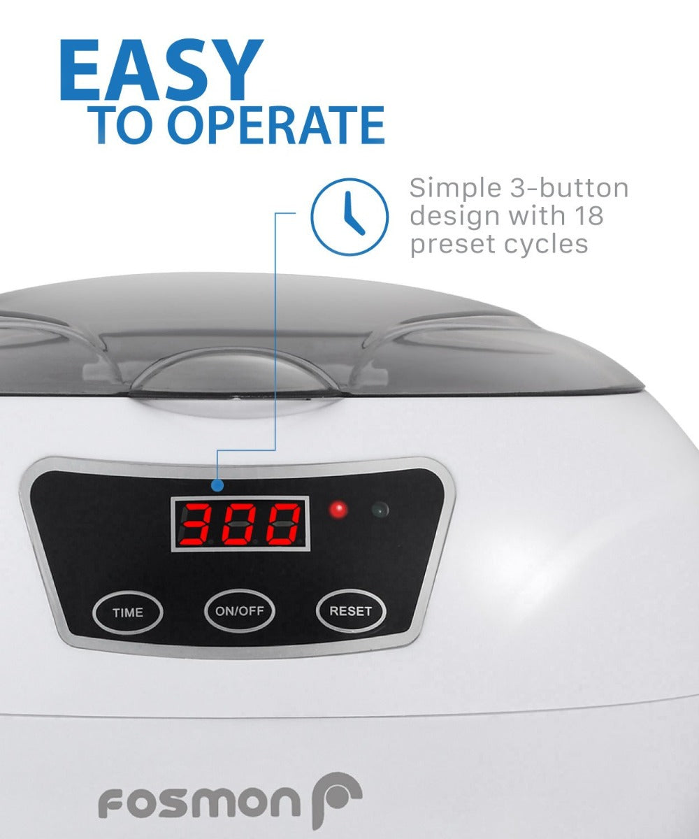 Fosmon Professional Ultrasonic Cleaner with Digital Timer (18 Preset Cycle, 600ML Stainless Steel Tank) for Eye Glasses, Watches, Earrings, Ring, Necklaces, Coins, Razors, Dentures