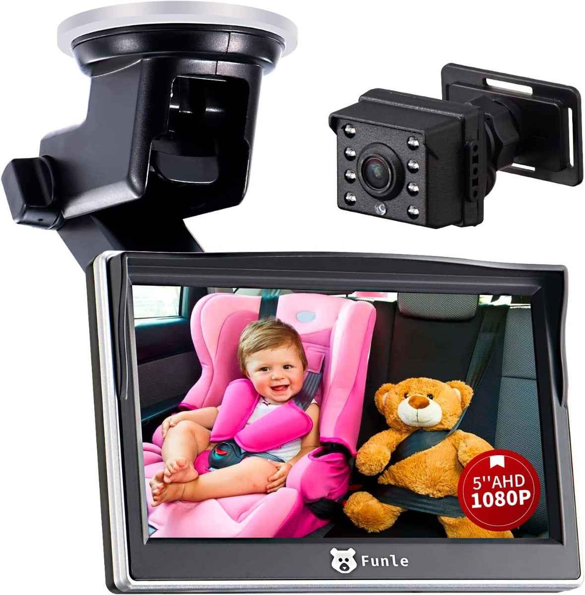 Funle AHD 1080P 5" Back Seat Baby Car Camera Monitor with Night Vision for Newborn Children Infants Kids