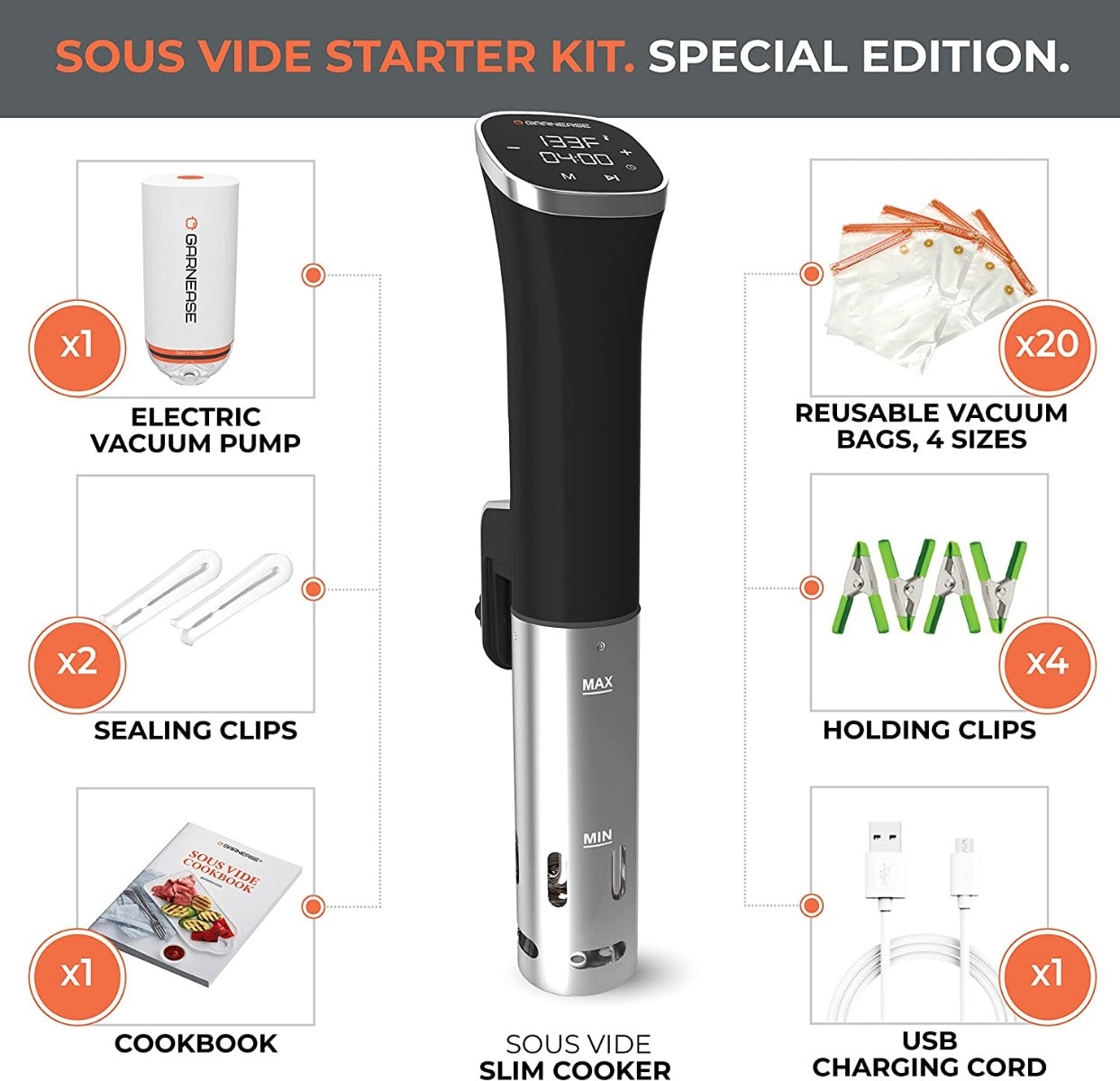 All In One Sous-Vide-Machine 1000W, 20 Sous Vide Reusable Vacuum Bags, Electric Pump, Sous Vide Clips, Cookbook
