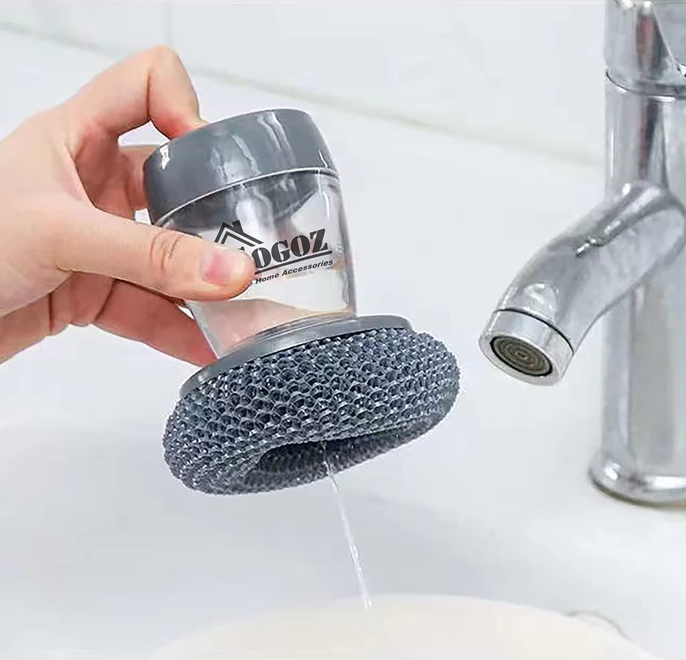 Soap Dispensing Palm Brush for Dish, Pot, and Sink Cleaning, with Water Collection Base Plate (PET Scouring Head)