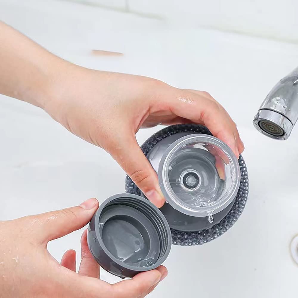 Soap Dispensing Palm Brush for Dish, Pot, and Sink Cleaning, with Water Collection Base Plate (PET Scouring Head)