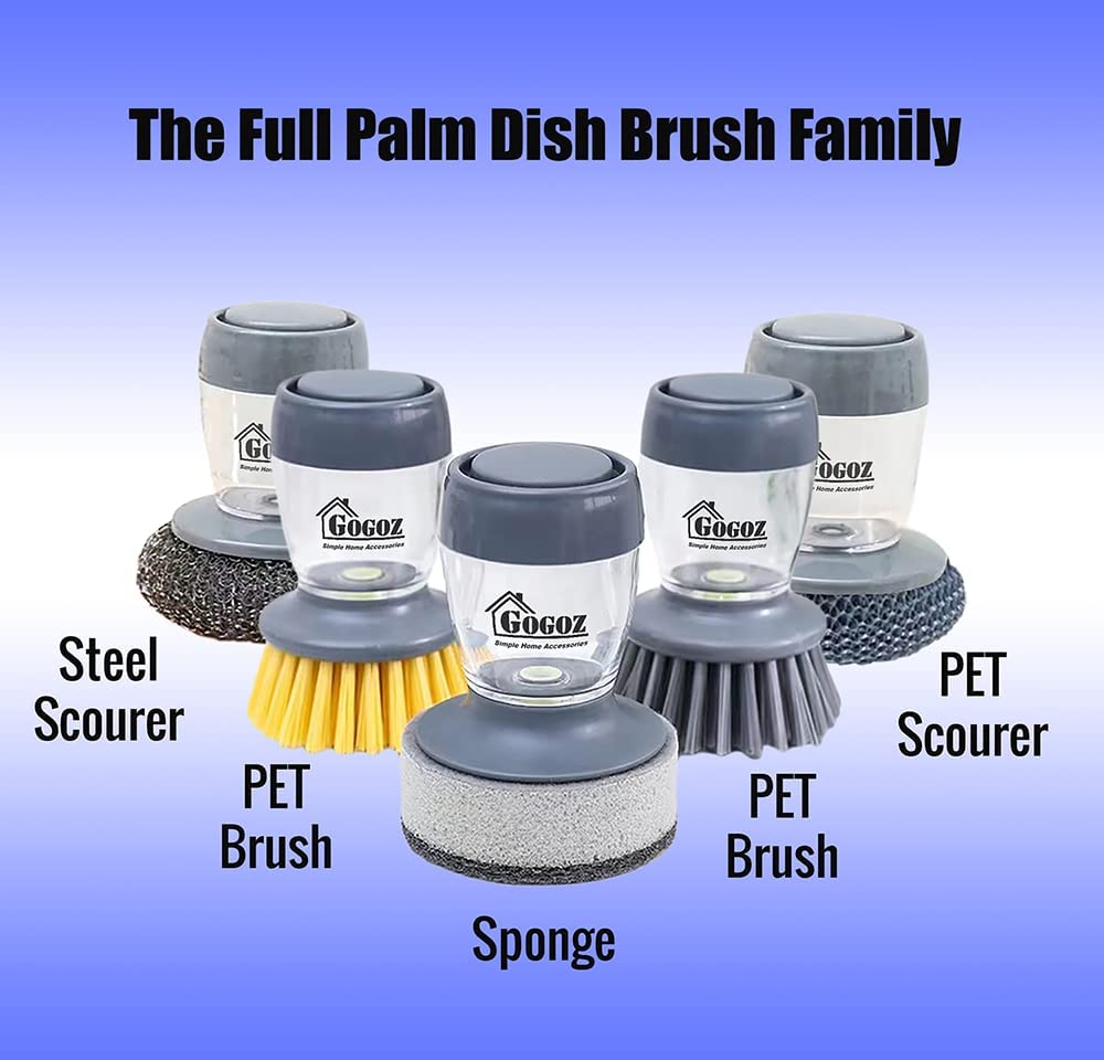 Soap Dispensing Palm Brush for Dish, Pot, and Sink Cleaning, with Water Collection Base Plate (PET Scouring Head)