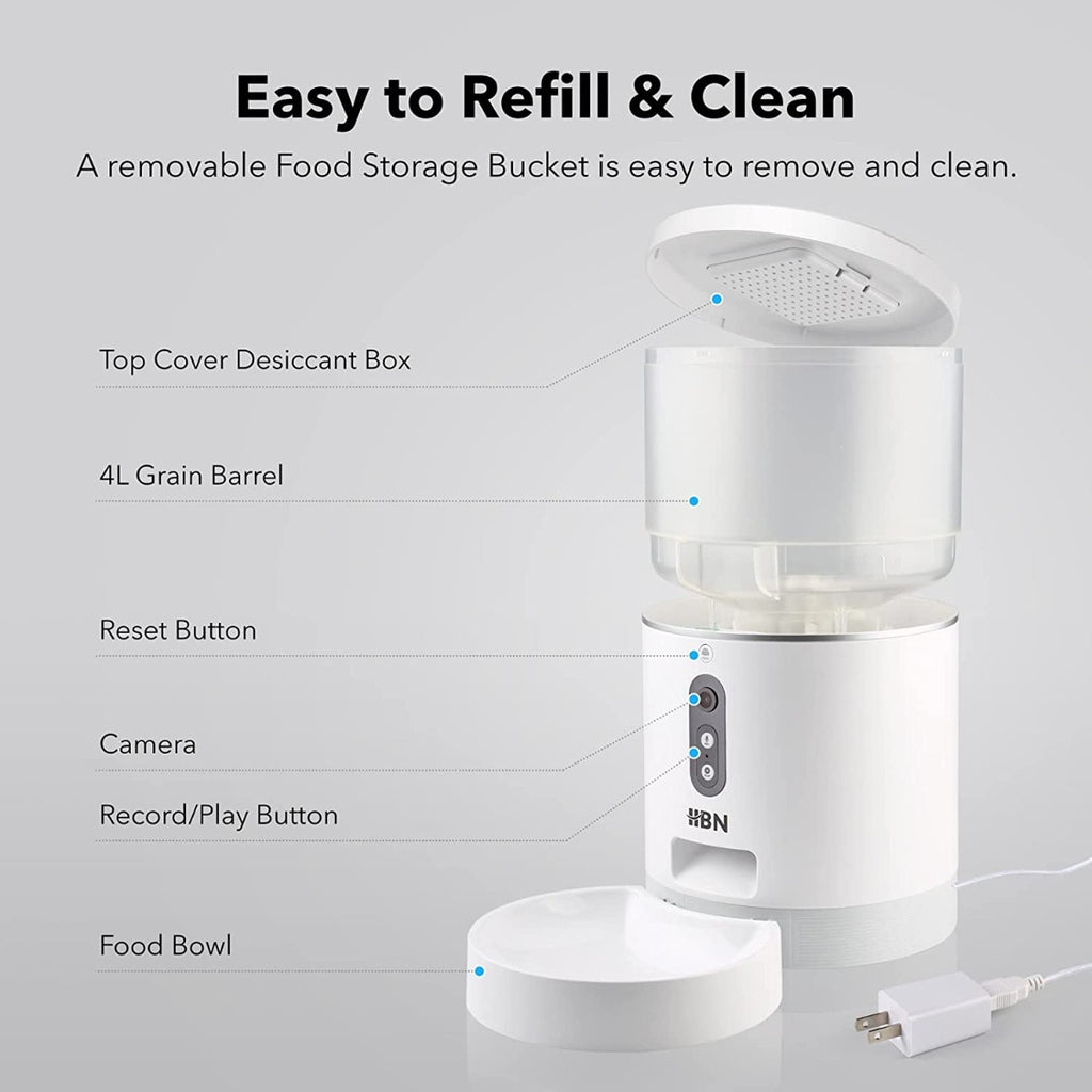 HBN 4L Automatic Cat Feeder with HD 1080P Camera Voice Recorder, Wi-Fi Enabled App Control