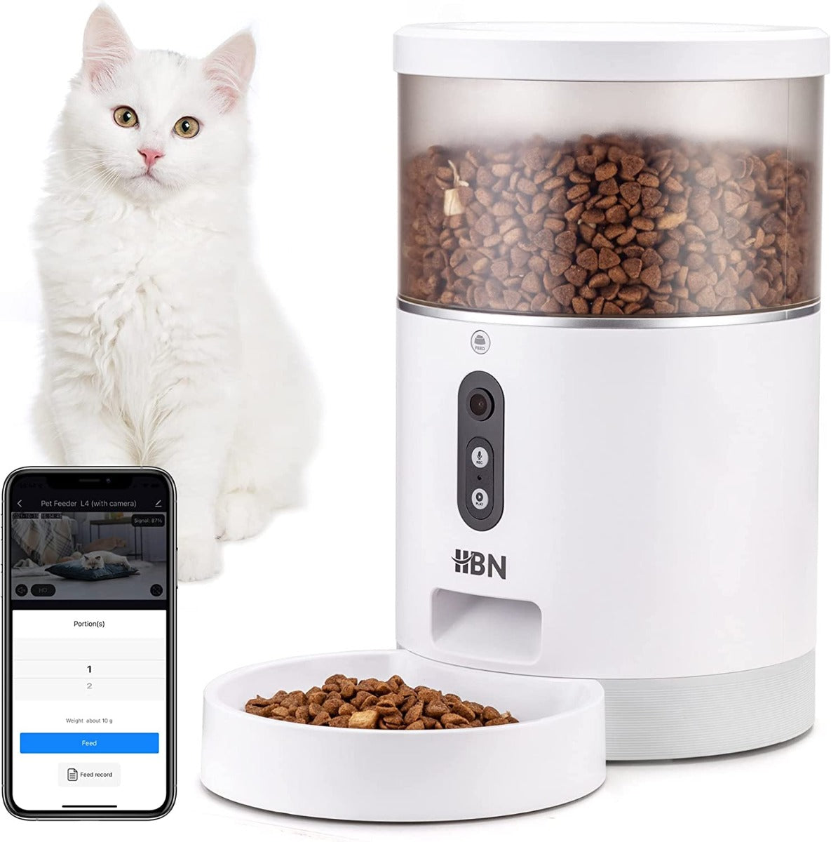 HBN 4L Automatic Cat Feeder with HD 1080P Camera Voice Recorder, Wi-Fi Enabled App Control