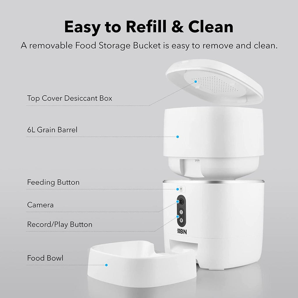HBN Automatic Cat Feeder with HD 1080P Camera,6L Voice Recorder, Wi-Fi Enabled App Control
