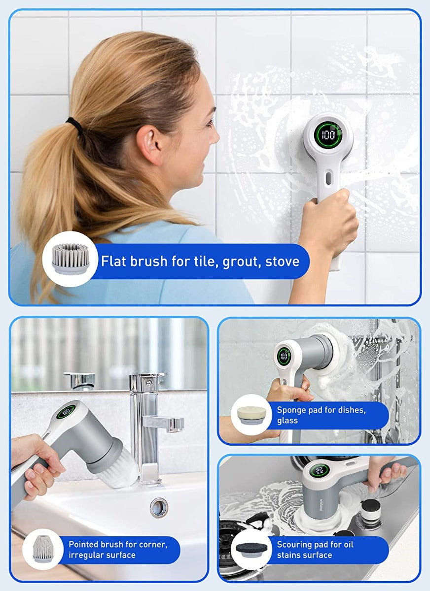 Electric Spin Cordless Power Scrubber with 4 Replaceable Brush Heads and 2 Rotating Speeds for Bathroom / Kitchen Tile, Grout Stove, Tub Sink Dish with LED Display