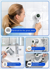 Electric Spin Cordless Power Scrubber with 4 Replaceable Brush Heads and 2 Rotating Speeds for Bathroom / Kitchen Tile, Grout Stove, Tub Sink Dish with LED Display