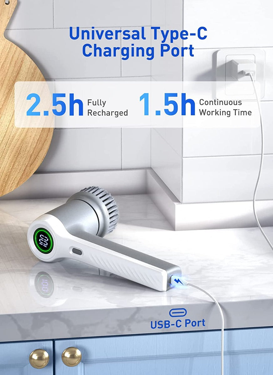 Electric Spin Cordless Power Scrubber with 4 Replaceable Brush Heads and 2 Rotating Speeds for Bathroom / Kitchen Tile, Grout Stove, Tub Sink Dish with LED Display