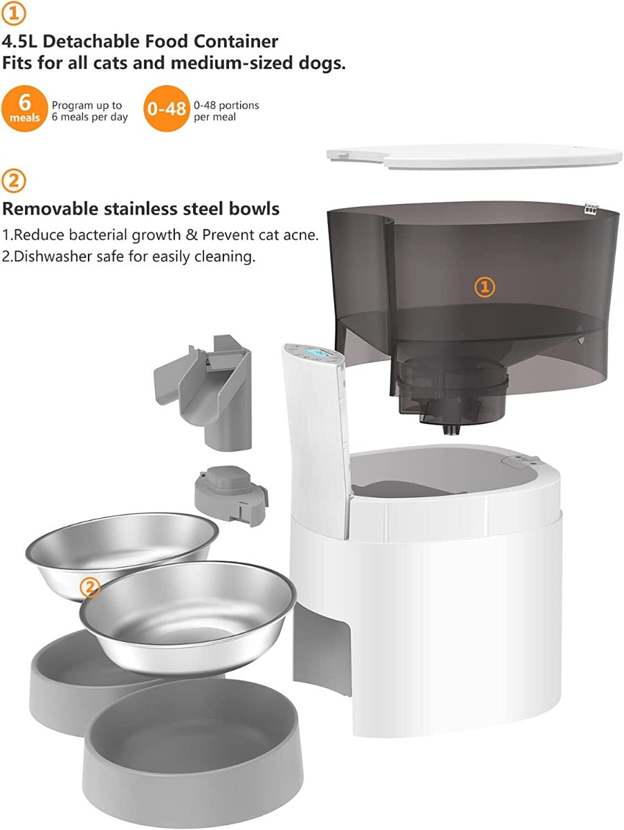 HoneyGuaridan Automatic Cat Feeder for 2 Cats&Dog, with Timed Cat Feeder, Portion Control, Distribution Alarms and Voice Recorder 1-6 Meals per Day - 2 Stainless Steel Bowl