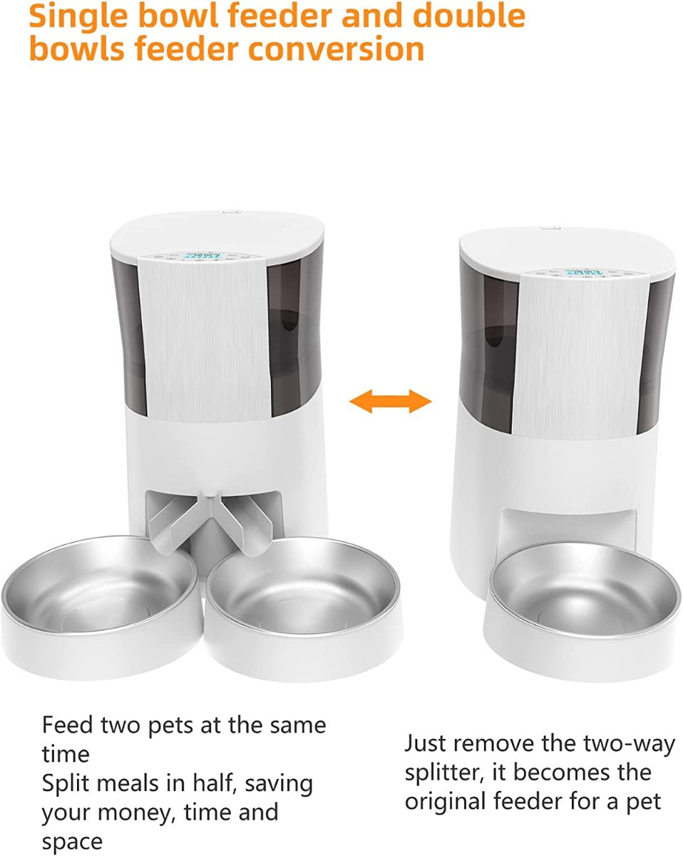 HoneyGuaridan Automatic Cat Feeder for 2 Cats&Dog, with Timed Cat Feeder, Portion Control, Distribution Alarms and Voice Recorder 1-6 Meals per Day - 2 Stainless Steel Bowl