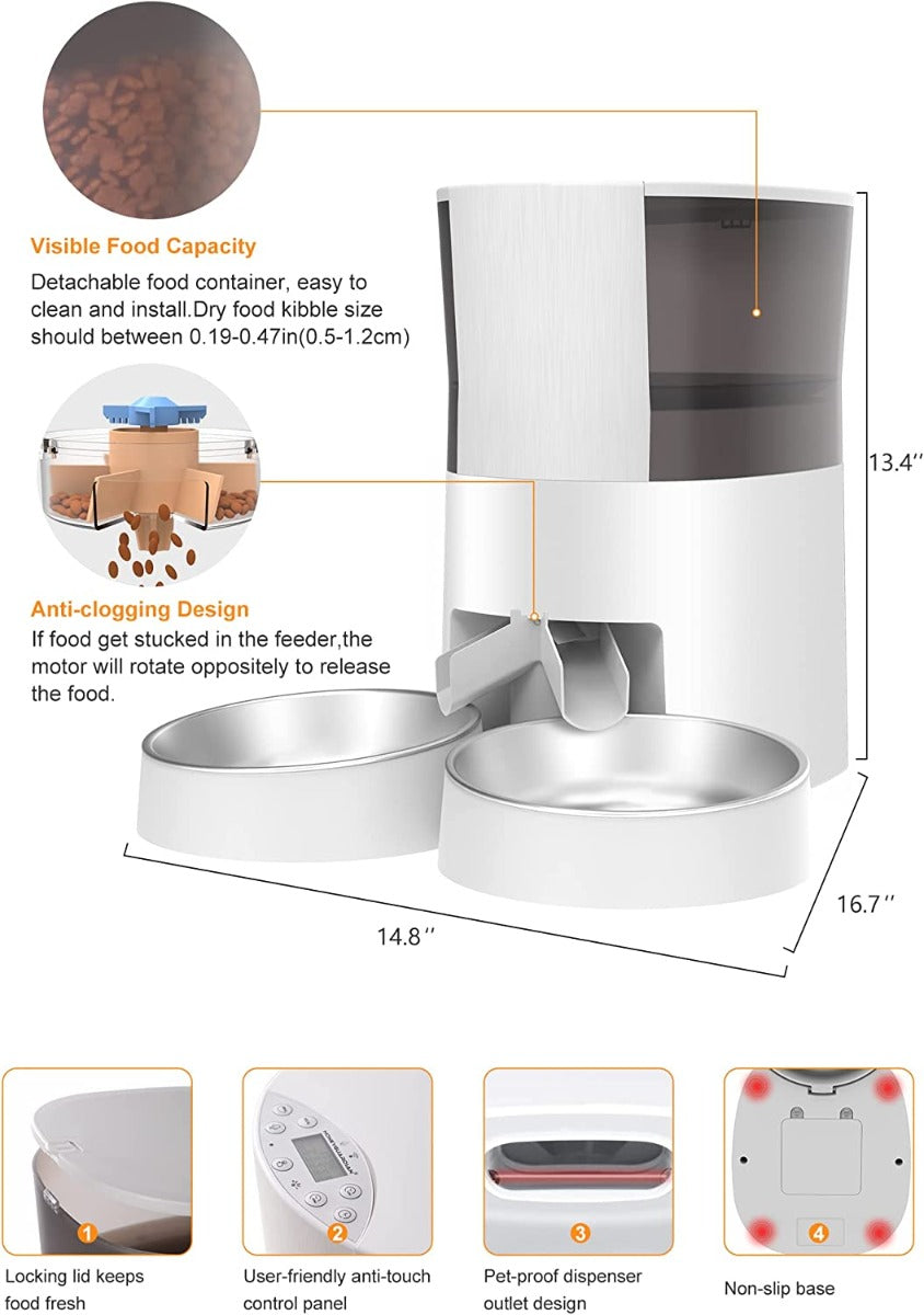HoneyGuaridan Automatic Cat Feeder for 2 Cats&Dog, with Timed Cat Feeder, Portion Control, Distribution Alarms and Voice Recorder 1-6 Meals per Day - 2 Stainless Steel Bowl