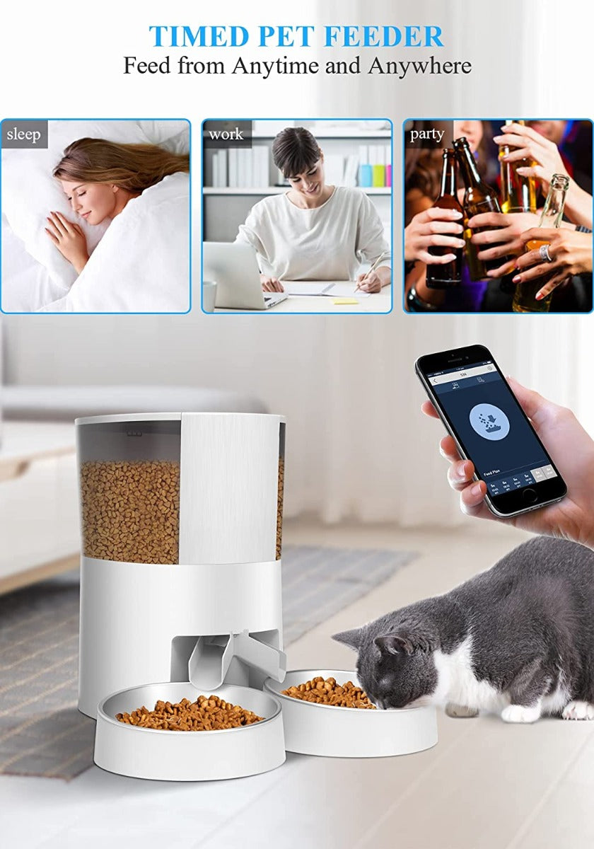 HoneyGuaridan Automatic Cat Feeder for 2 Cats&Dog, with Timed Cat Feeder, Portion Control, Distribution Alarms and Voice Recorder 1-6 Meals per Day - 2 Stainless Steel Bowl