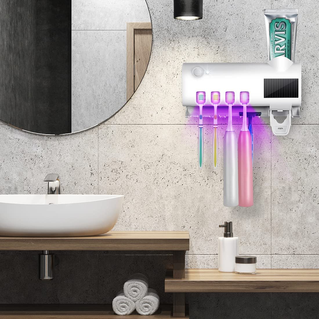 HSKLOCK Wall Mounted Toothbrush Holder with UV Toothbrush Sanitizer & 4 Slots and 1 Automatic Toothpaste Dispenser