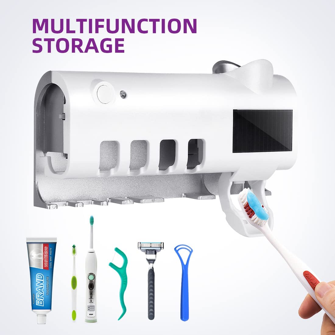 HSKLOCK Wall Mounted Toothbrush Holder with UV Toothbrush Sanitizer & 4 Slots and 1 Automatic Toothpaste Dispenser