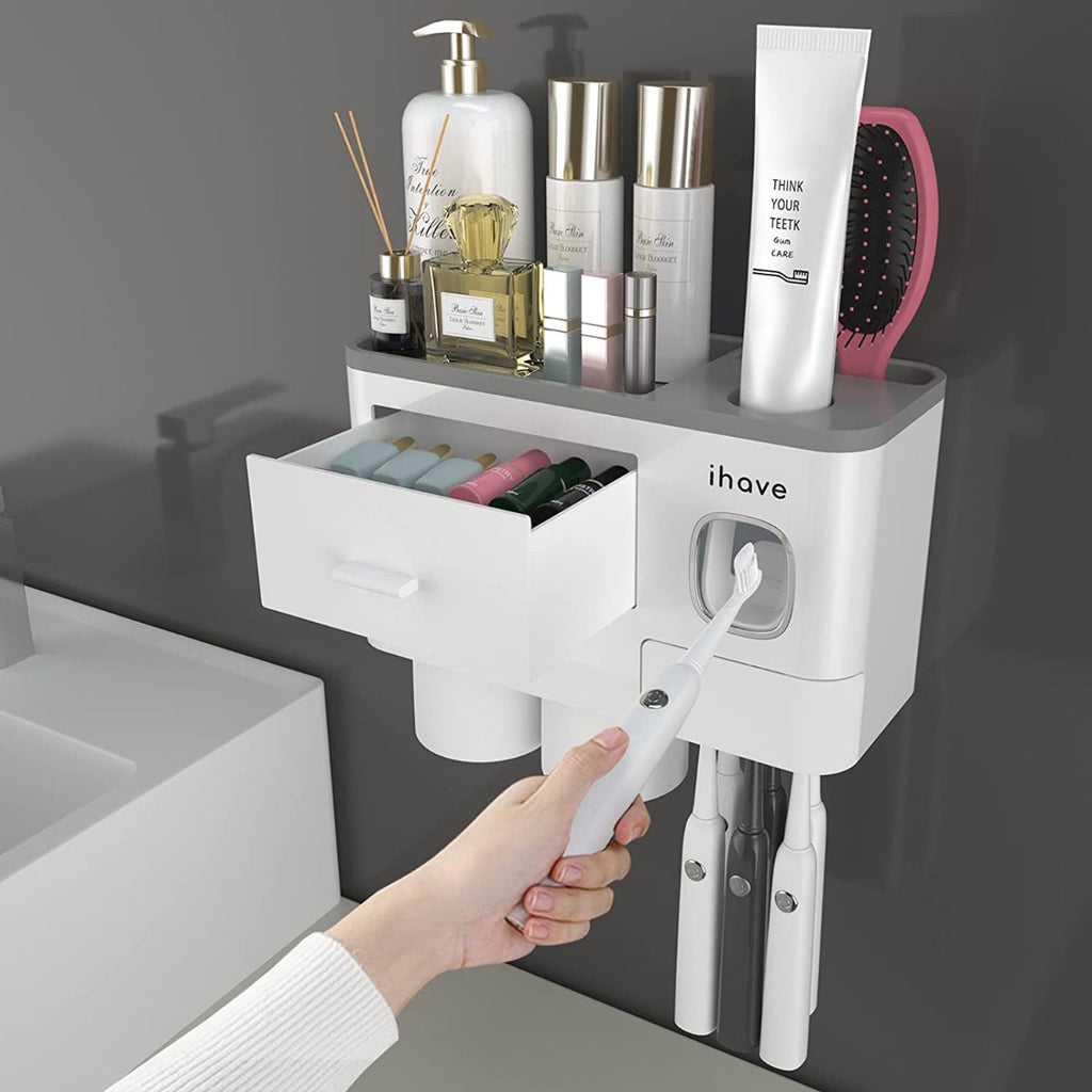 IHave 2 Cups Wall Mounted with Toothpaste Dispenser, Large Capacity Tray, Cosmetic Drawer and 6 Brush Slots with Cover Tooth Brush Holder