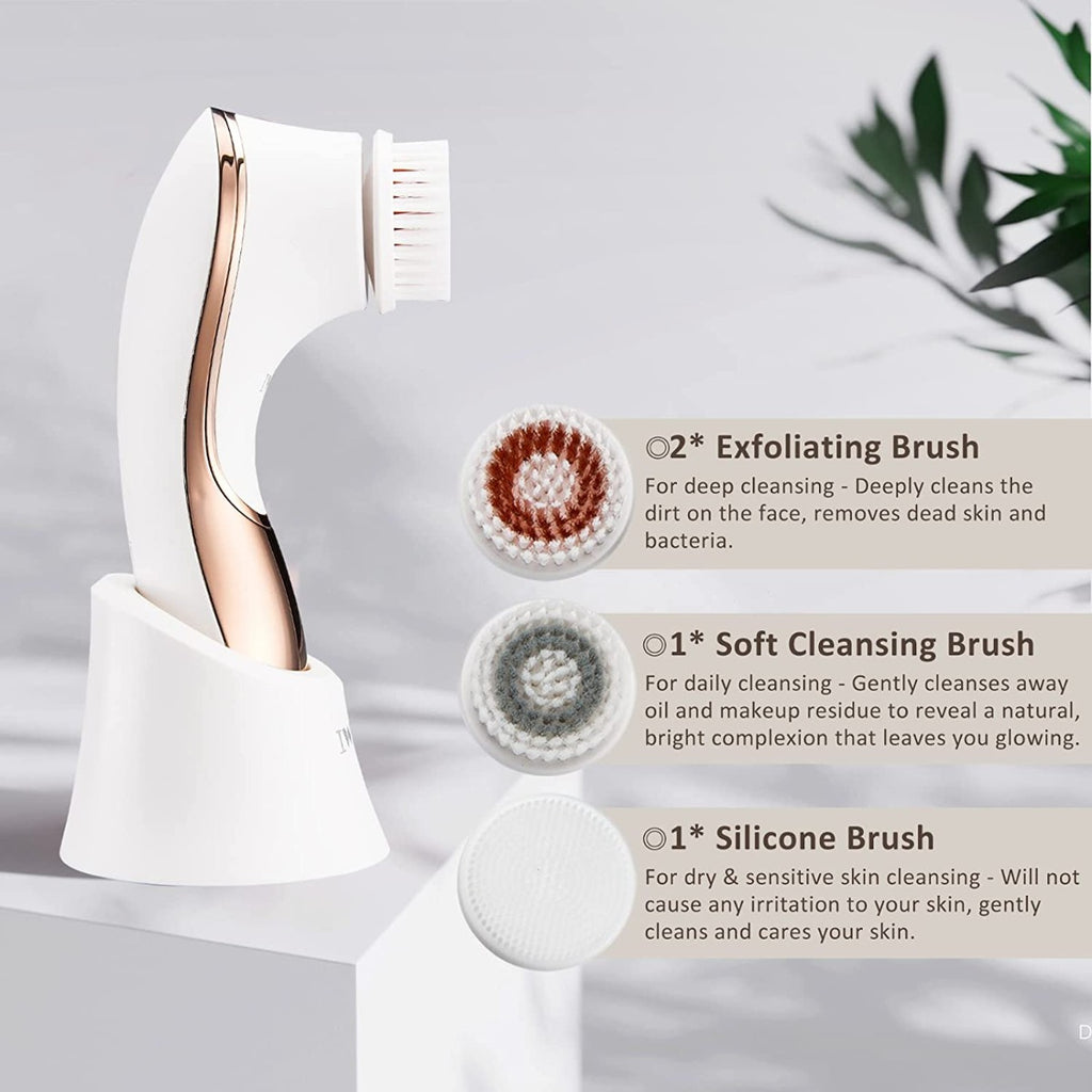 Rechargeable Facial Exfoliator IPX-7 Waterproof Facial Cleansing Brush for Exfoliating, Massaging and Deep Cleansing with 4 Brush Heads