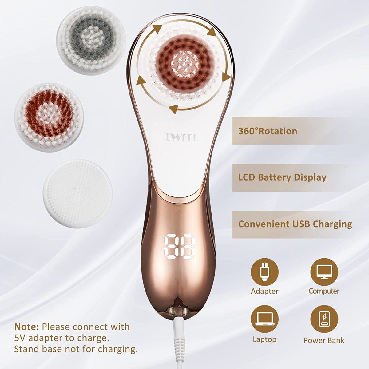 Rechargeable Facial Exfoliator IPX-7 Waterproof Facial Cleansing Brush for Exfoliating, Massaging and Deep Cleansing with 4 Brush Heads