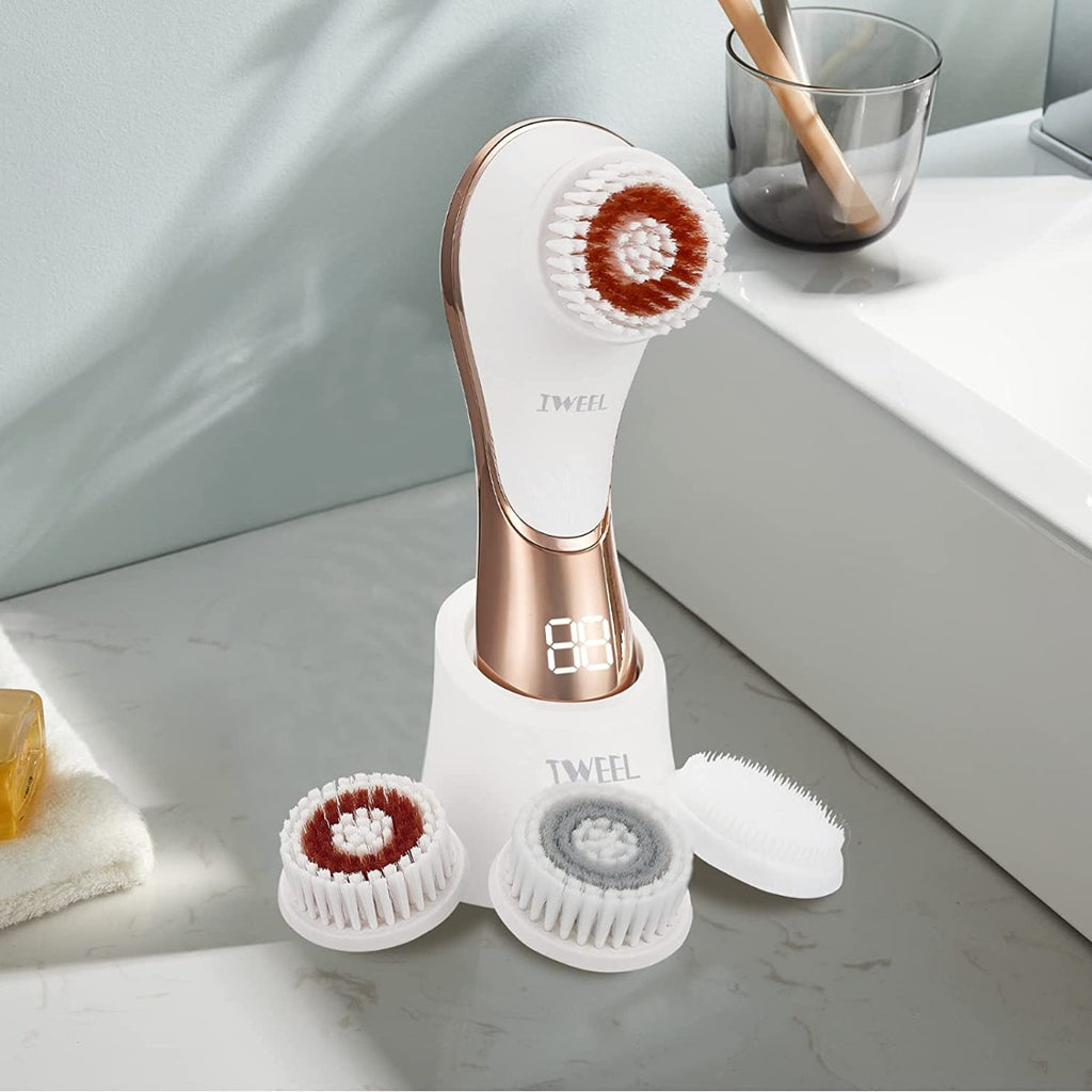 Rechargeable Facial Exfoliator IPX-7 Waterproof Facial Cleansing Brush for Exfoliating, Massaging and Deep Cleansing with 4 Brush Heads