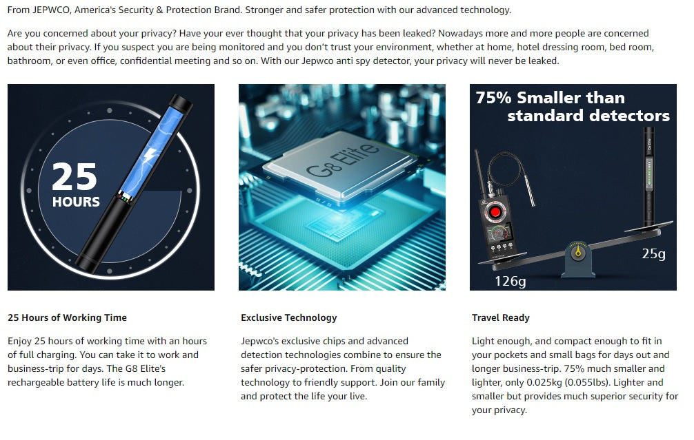 Jepwco G8 Elite RF Detector (Round), Portable Wireless Hidden Camera Detectors with 12 Levels Sensitivity Elite