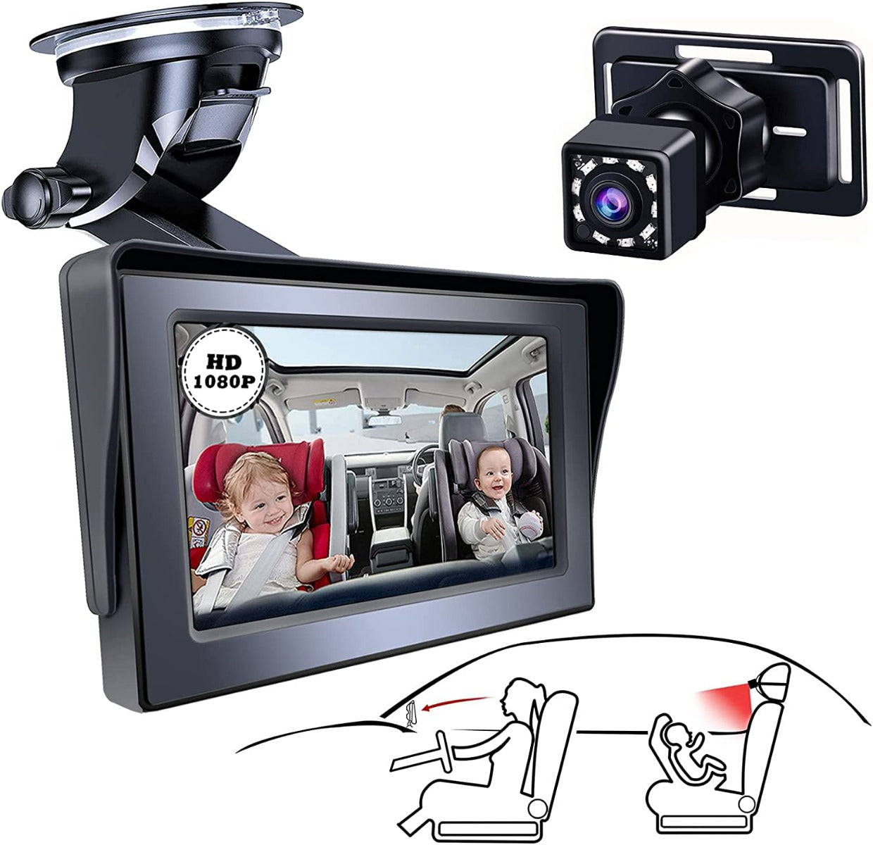 Jowenia Baby Car Camera 10 LED infrared camera, Great Night Vision, 4.3" 1080P HD Display with Adjustable Sucker Bracket