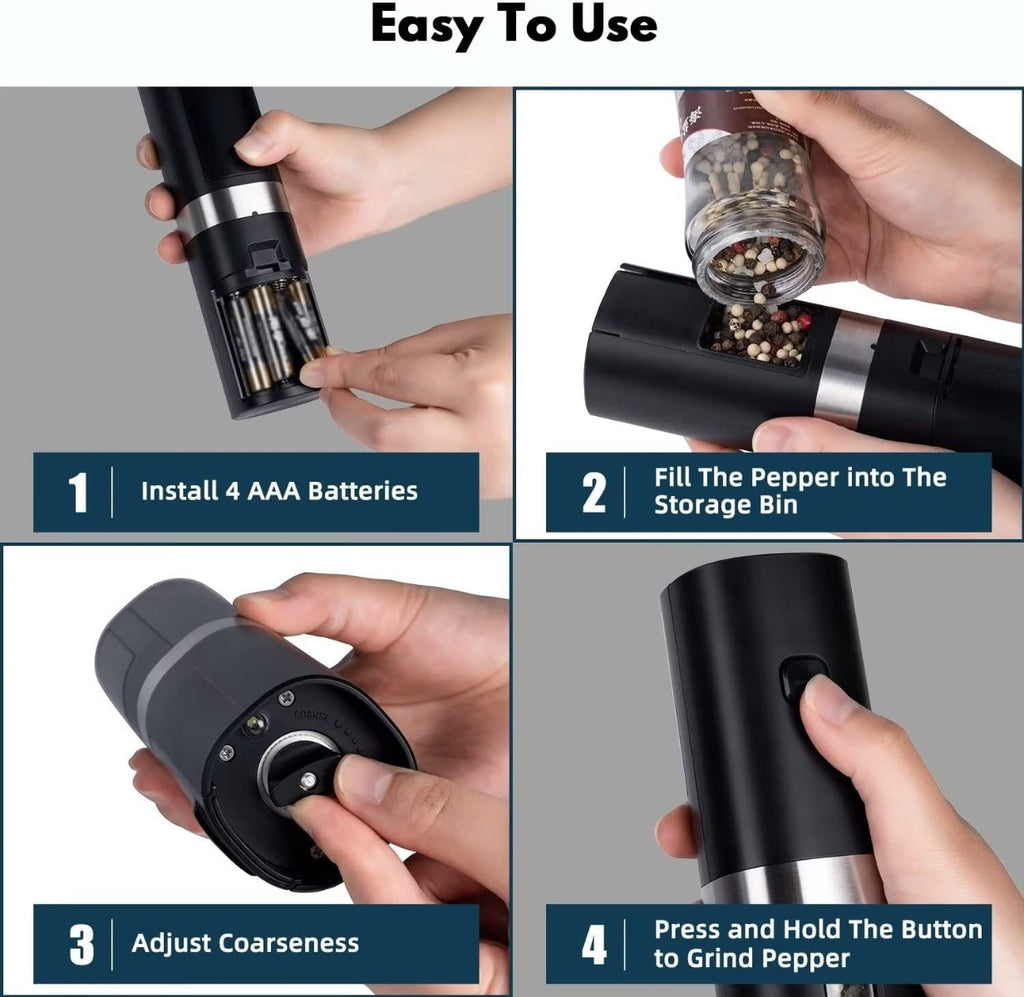 Electric Pepper Grinder with LED Light, One-hand Button Control, Adjustable Coarseness