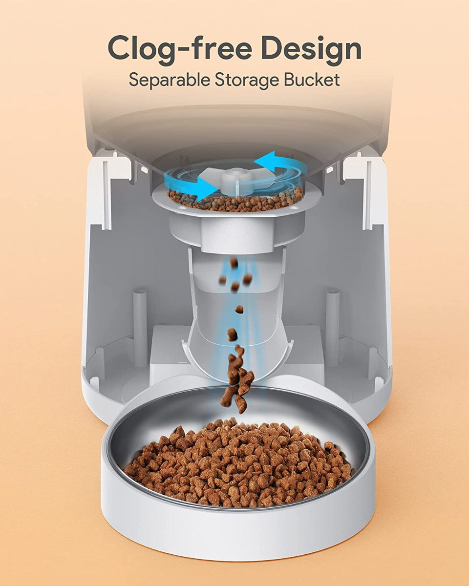 KATALIC Clog-free 4L Automatic Cat Food Dispenser with Pet Grooming Glove Sliding Lock Lid Storage Timed Feeder, Voice Recorder, Programmable Meal & Portion for Cat and Dogs