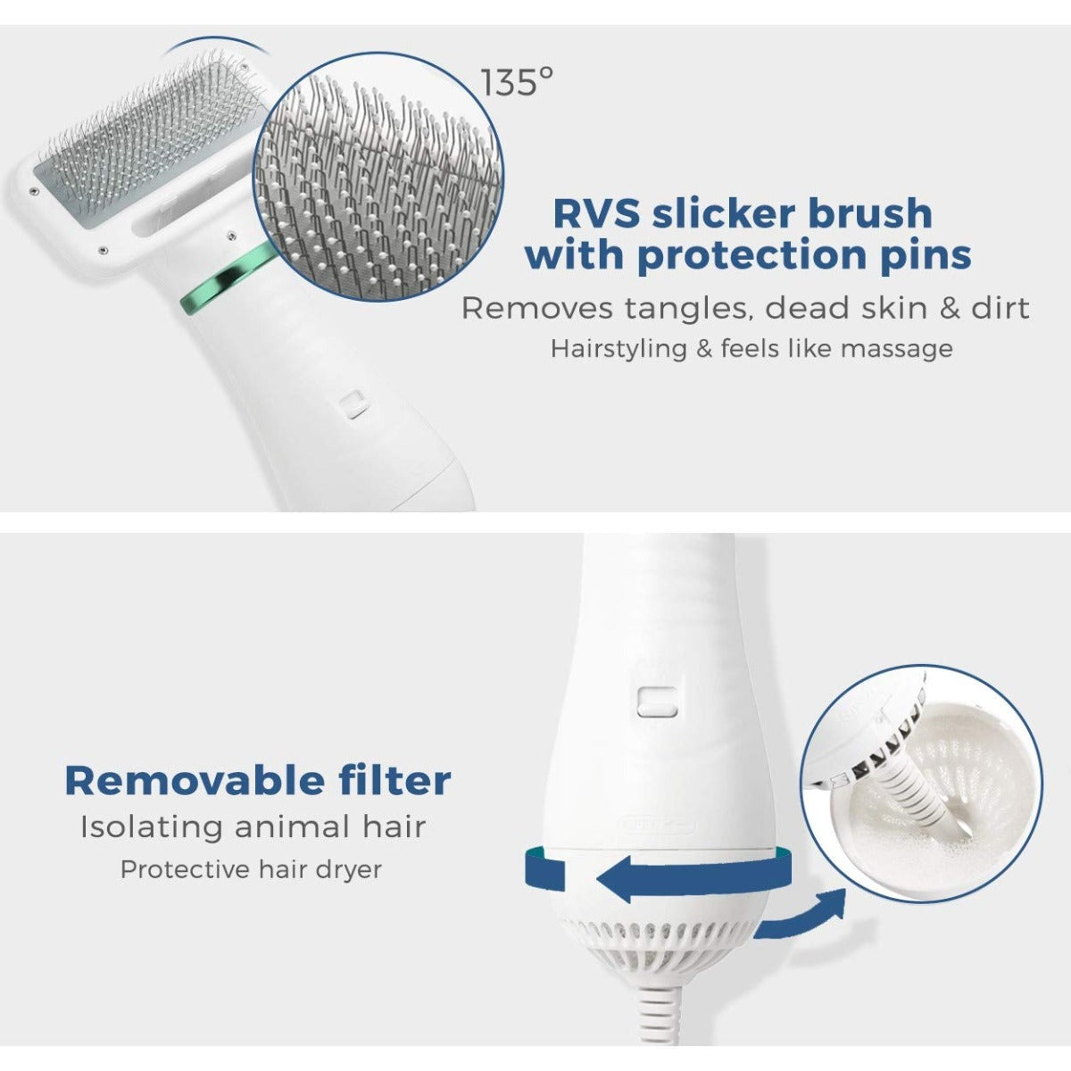 KUUBIA Portable 2 in 1 Pet Grooming Hair Dryer with Replaceable Slicker Brush & Adjustable Temperature for Small and Medium Dogs and Cats