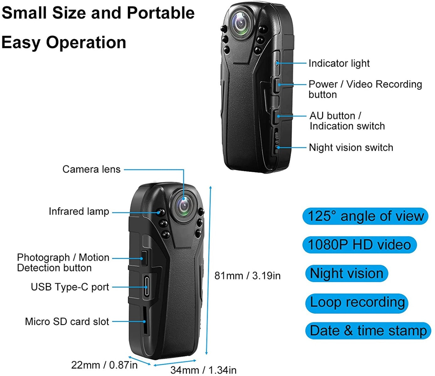Lenofocus Body Camera Security Cam 1080P 64GB Memory Card Portable