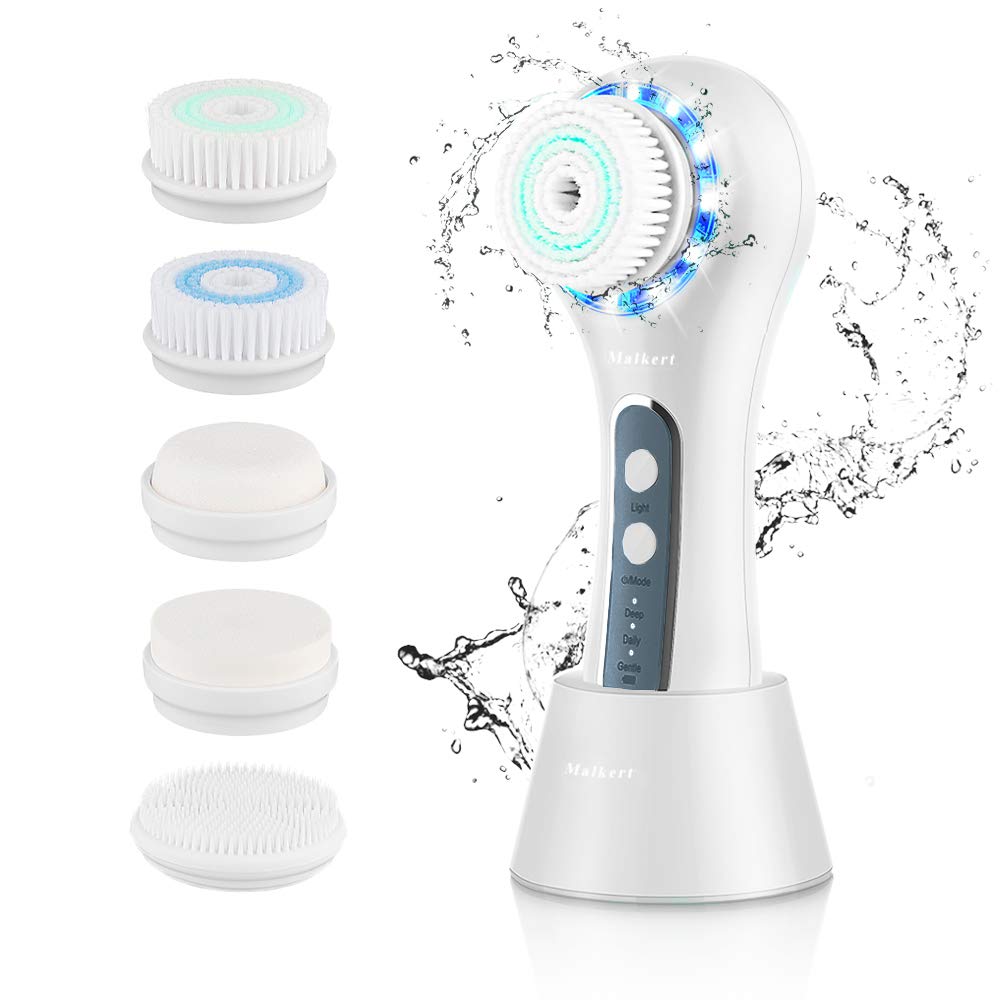 MALKERT Facial Cleansing Brush with 5 Brush Heads, 3 Modes Skin Care Brush Device for Deep Cleansing and Scrubbing, Exfoliating
