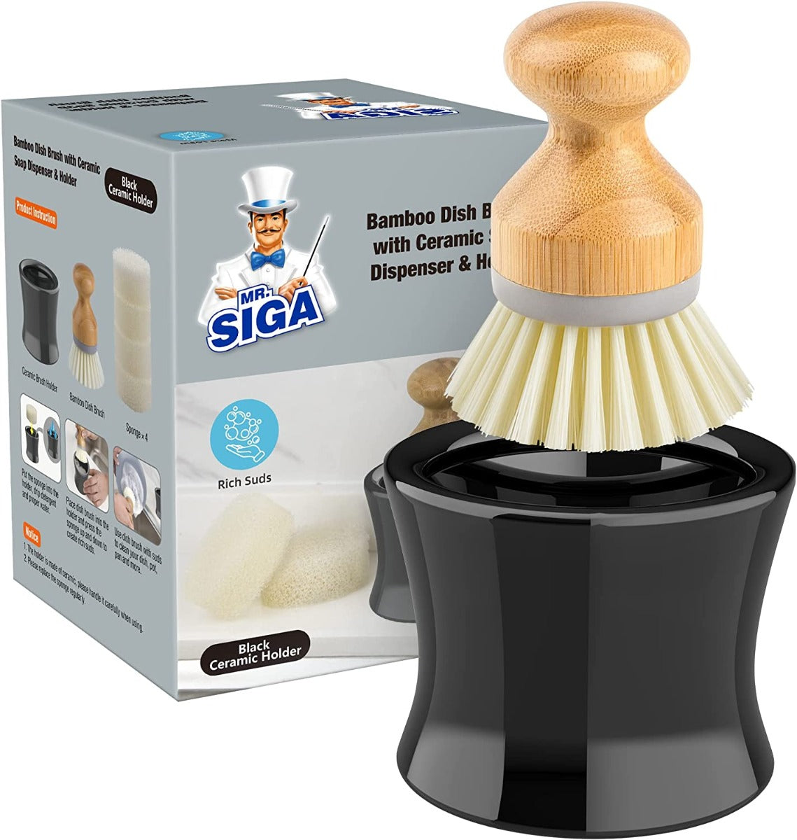 MR.SIGA Bamboo Dish D Brush, Soap Dispenser & Holder Set, Includes 4 Replaceable Sponges