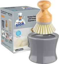 MR.SIGA Bamboo Dish D Brush, Soap Dispenser & Holder Set, Includes 4 Replaceable Sponges