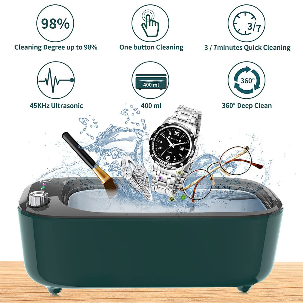 Ultrasonic Portable Jewelry Cleaner Machine for Rings, Watches, Glasses, Jewelry, Diamonds, Coins, Dentures with Basket (400ML, 47KHZ)