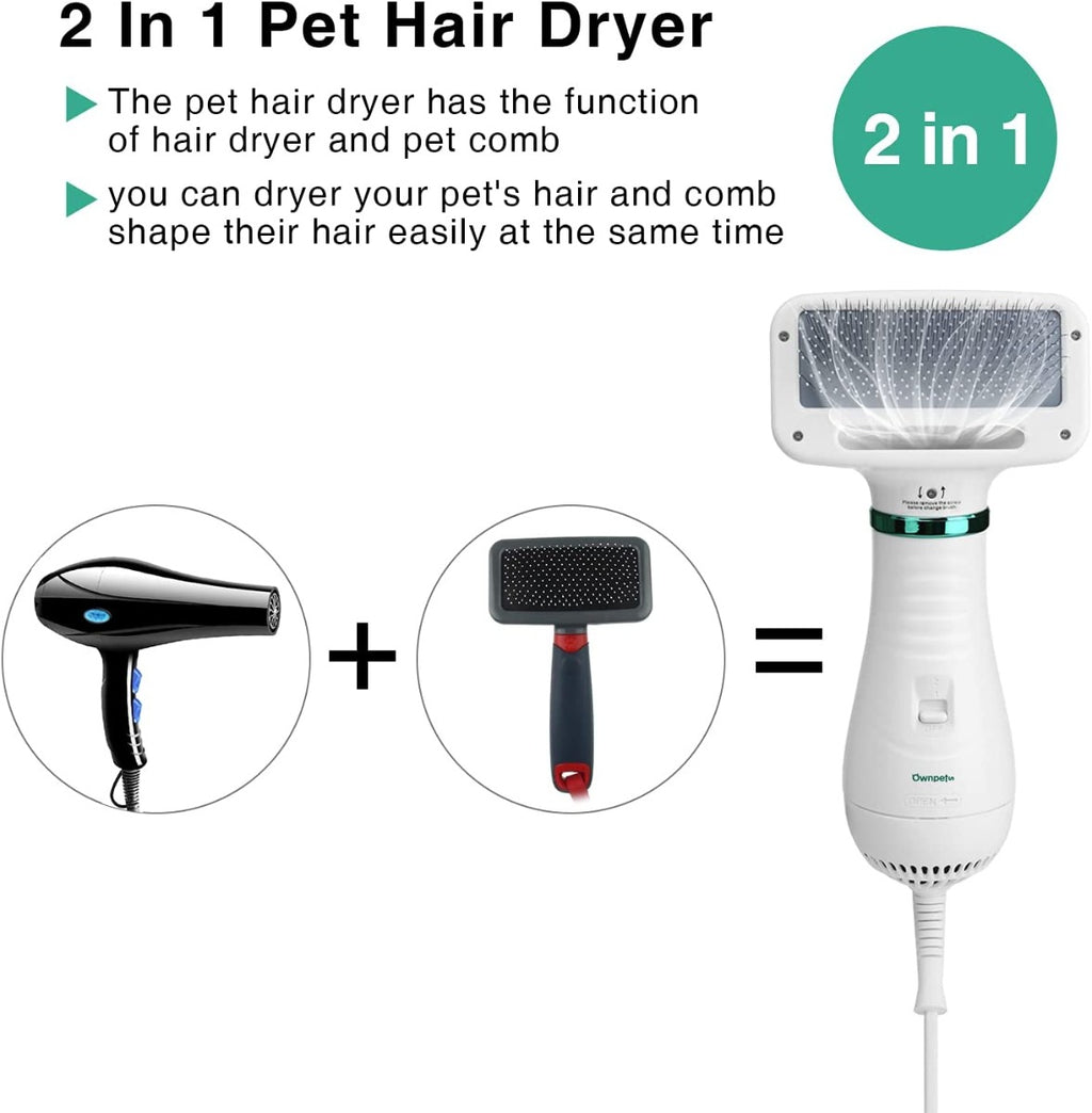 Ownpets 2 in 1 Quiet Portable Pet Hair Dryer with Slicker Brush, Adjustable Temperature & Fast-Drying Towel