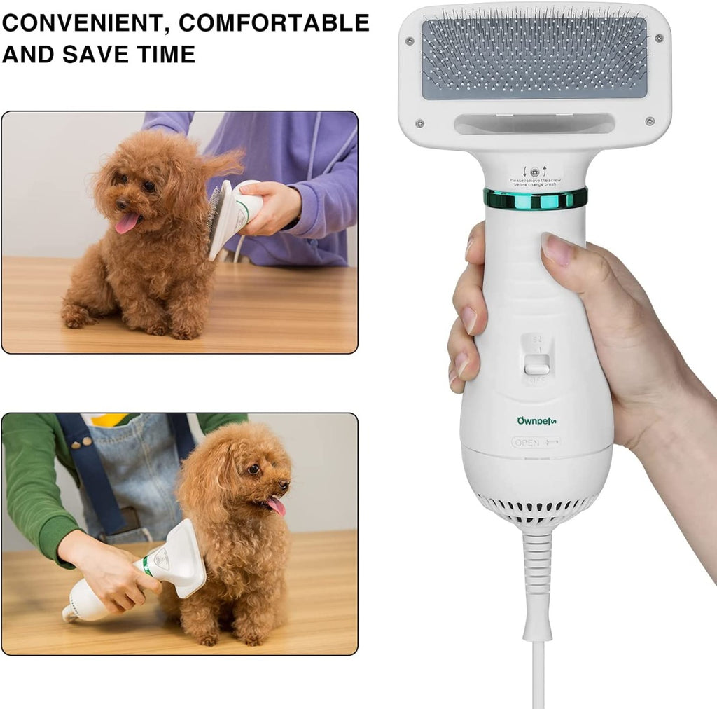 Ownpets 2 in 1 Quiet Portable Pet Hair Dryer with Slicker Brush, Adjustable Temperature & Fast-Drying Towel