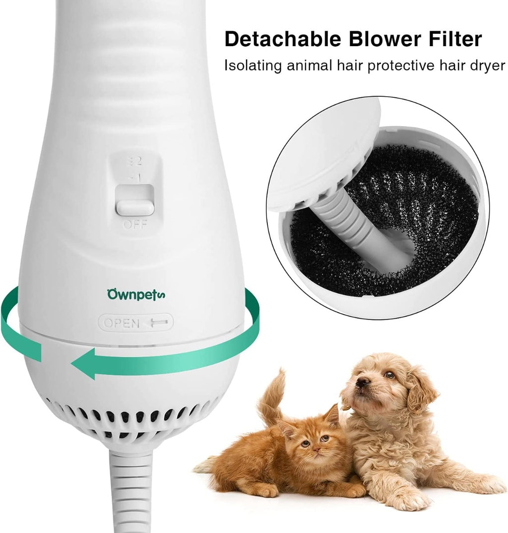 Ownpets 2 in 1 Quiet Portable Pet Hair Dryer with Slicker Brush, Adjustable Temperature & Fast-Drying Towel