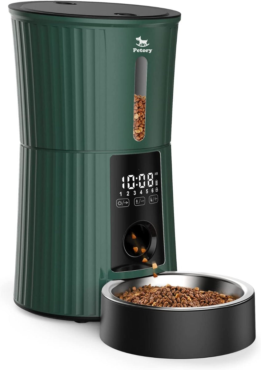 Petory Timed Automatic Cat Feeders - 4L Programable for Cats and Small Medium Dogs 6 Meals with Desiccant Bag Dual Power Supply 10S Voice Recorder