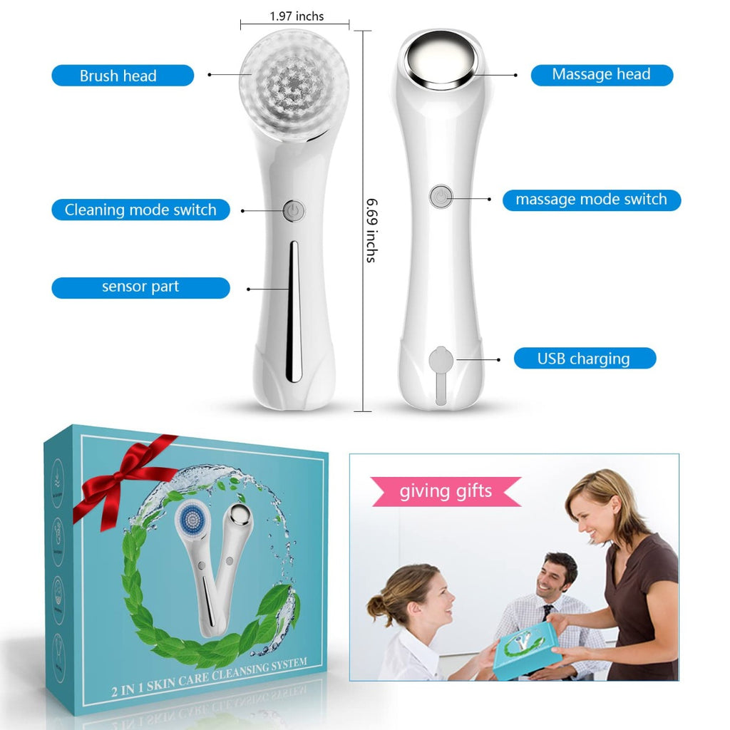 Facial Cleansing Brush with Dual Back Face Massage, 5 Different Brush Heads for Deep Cleansing, Gentle Exfoliating, Removing Blackhead and Massaging