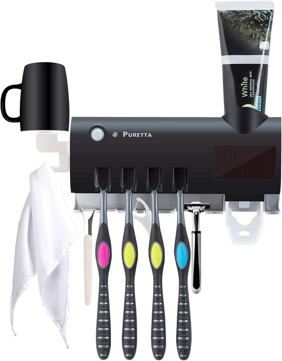 PURETTA Wall Mounted Toothbrush sterilizer and Toothbrush Holder with LED UV Light Sterilization Function, Rechargeable Solar Power, Wireless Design