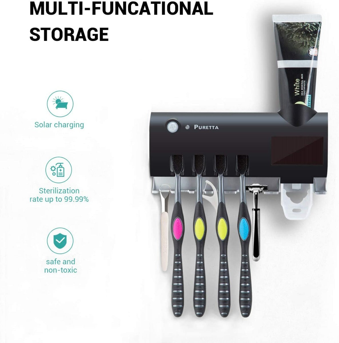 PURETTA Wall Mounted Toothbrush sterilizer and Toothbrush Holder with LED UV Light Sterilization Function, Rechargeable Solar Power, Wireless Design