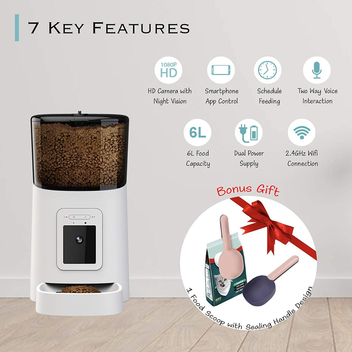 SEKOYA Automatic WiFi 6L Smart Pet Feeder with 1080p Camera, Auto + Manual Food Dispenser, iOS Android Compatible,  2.4GHz Wi-Fi Enabled,  Scheduled Feeding, Video Recording