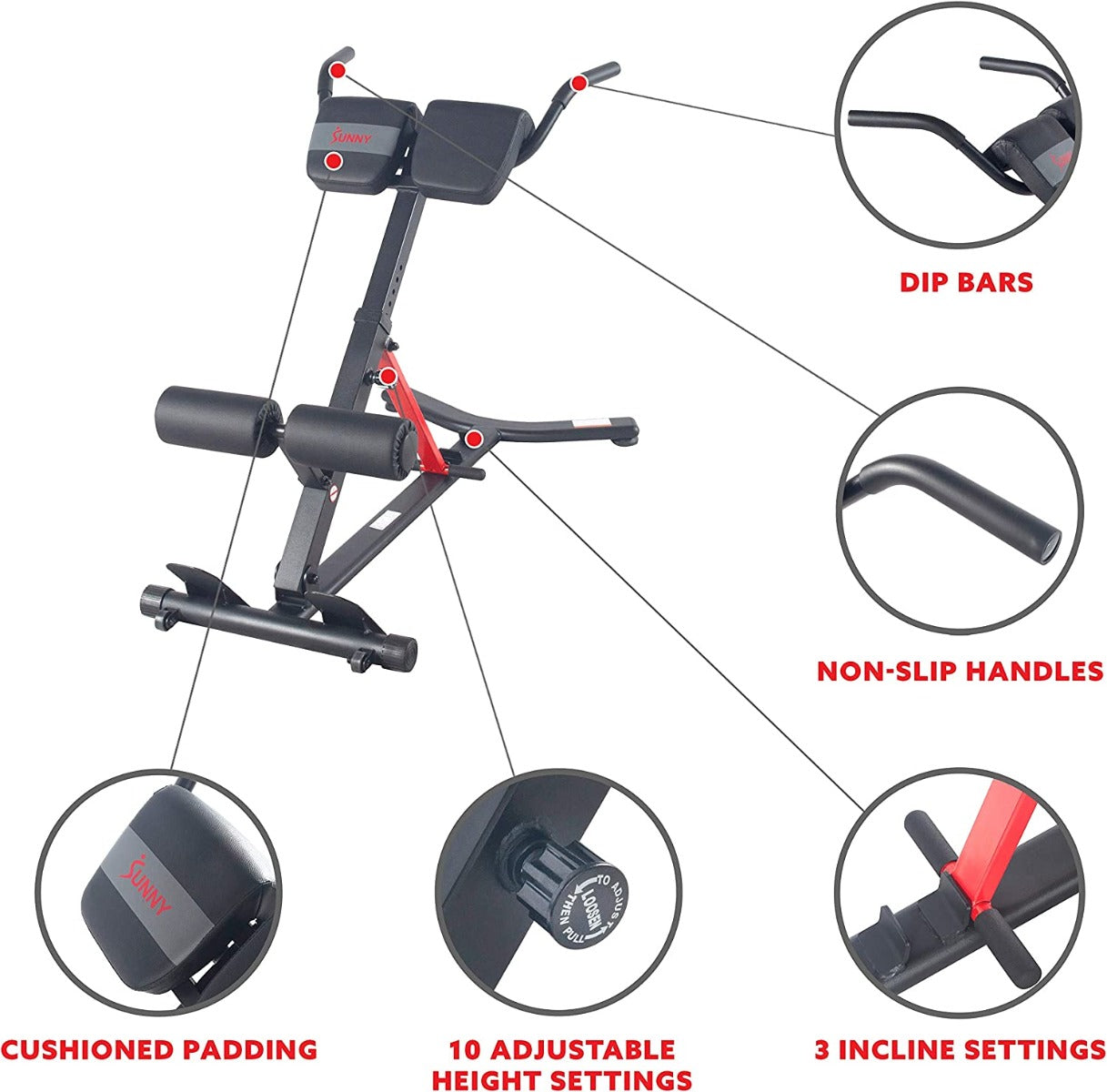 Sunny Health & Fitness Hyperextension Roman Chair with Dip Station - SF-BH620062, Black