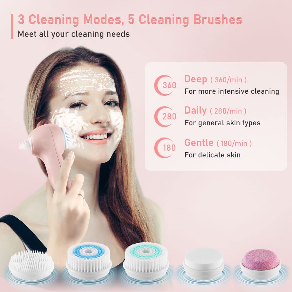 Rechargeable Facial Cleansing Brush, Blackhead Remover Vacuum with LCD Screen,IPX7 Waterproof 3 in 1 Facial Cleaner for Exfoliating (Pink)