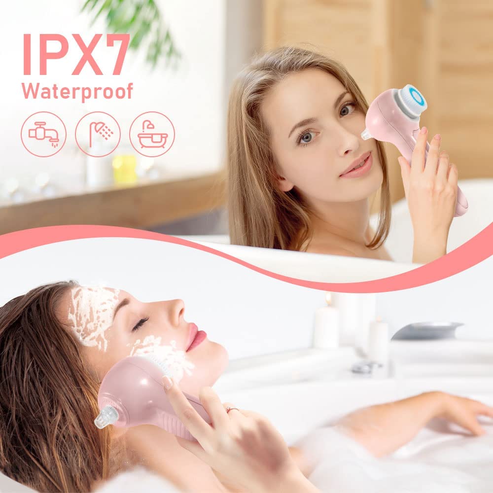 Rechargeable Facial Cleansing Brush, Blackhead Remover Vacuum with LCD Screen,IPX7 Waterproof 3 in 1 Facial Cleaner for Exfoliating (Pink)