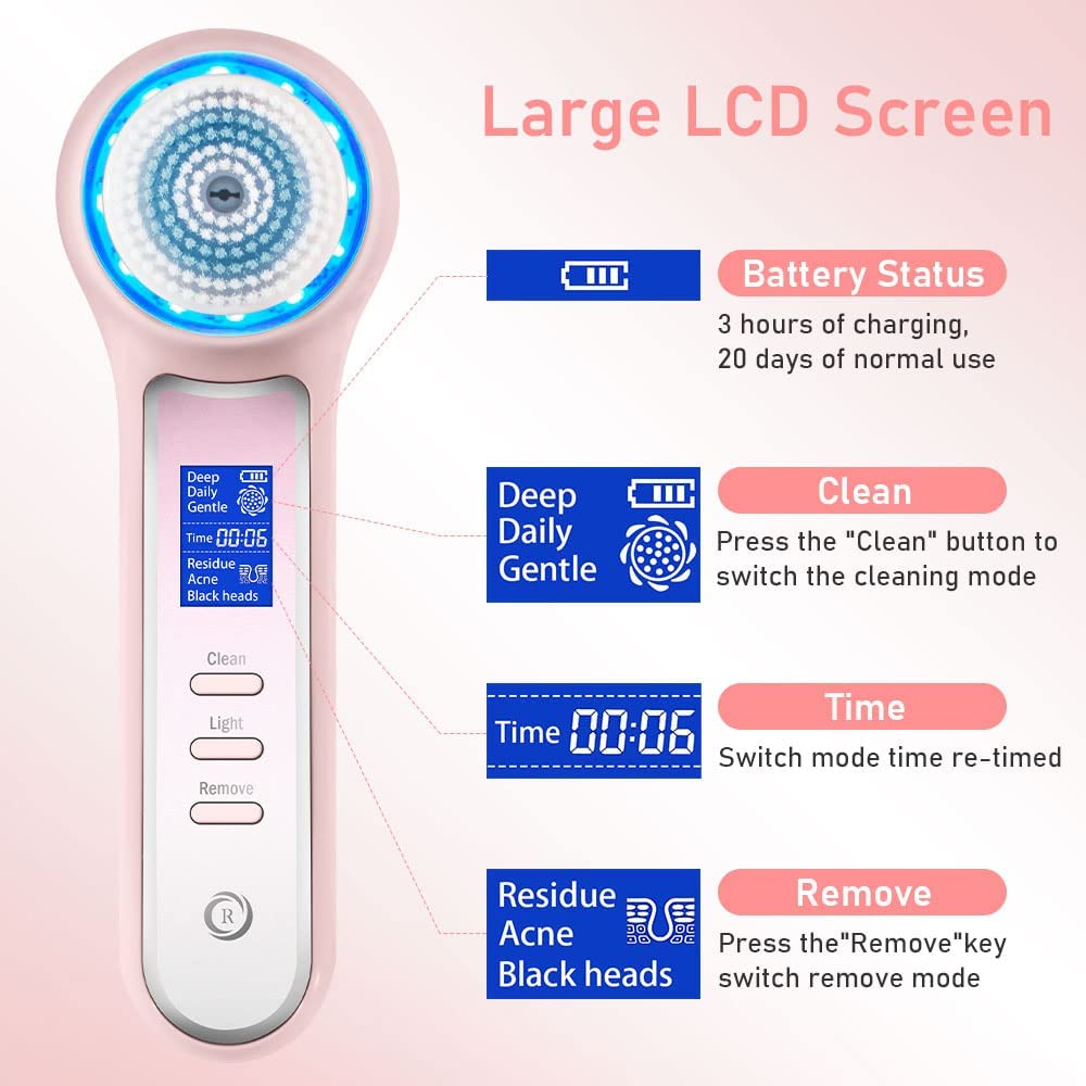 Rechargeable Facial Cleansing Brush, Blackhead Remover Vacuum with LCD Screen,IPX7 Waterproof 3 in 1 Facial Cleaner for Exfoliating (Pink)