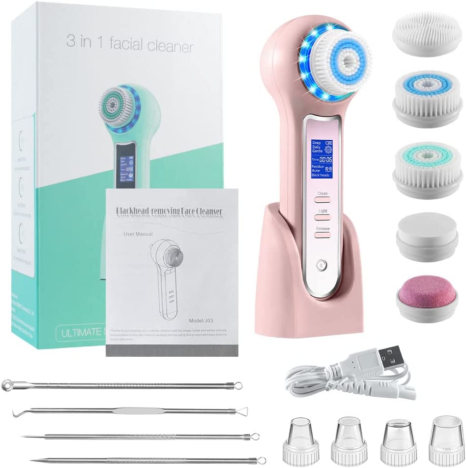 Rechargeable Facial Cleansing Brush, Blackhead Remover Vacuum with LCD Screen,IPX7 Waterproof 3 in 1 Facial Cleaner for Exfoliating (Pink)