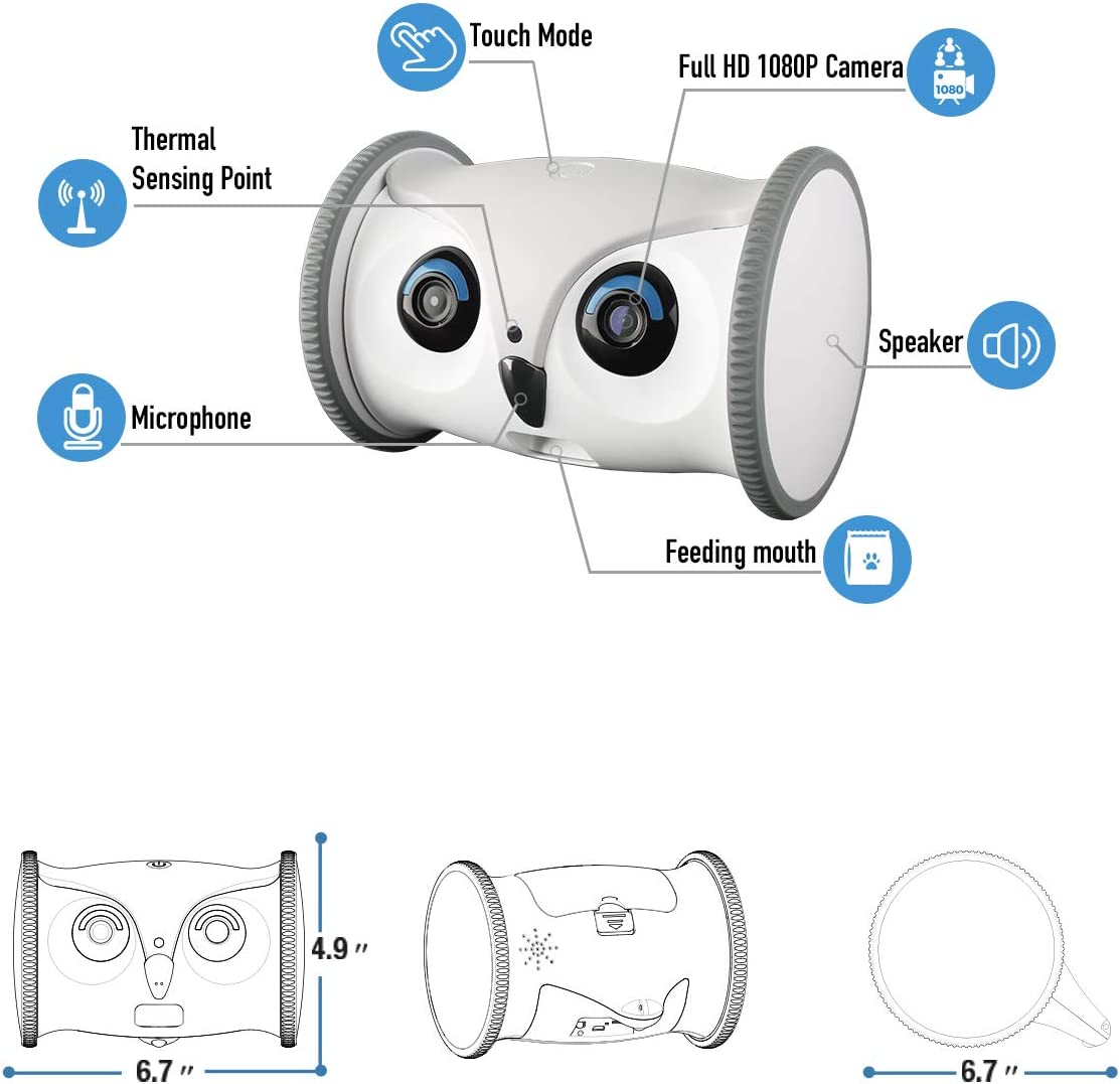 SKYMEE Owl Robot: Mobile Full HD Pet Camera with Treat Dispenser, Interactive Toy for Dogs and Cats, Remote Control via App (2.4G WiFi ONLY)
