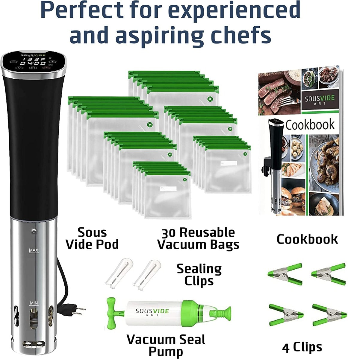 SOUSVIDE ART DELUXE Precision Cooker 800W with 30 Vacuum Seal Bags, Vacuum Pump, Digital Timer, & Temperature Control