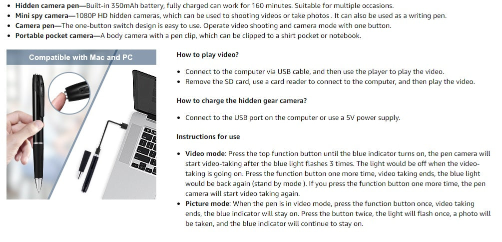 Spy Camera, Hidden Camera with 32GB SD Card, Mini Camera Pen with 1080P