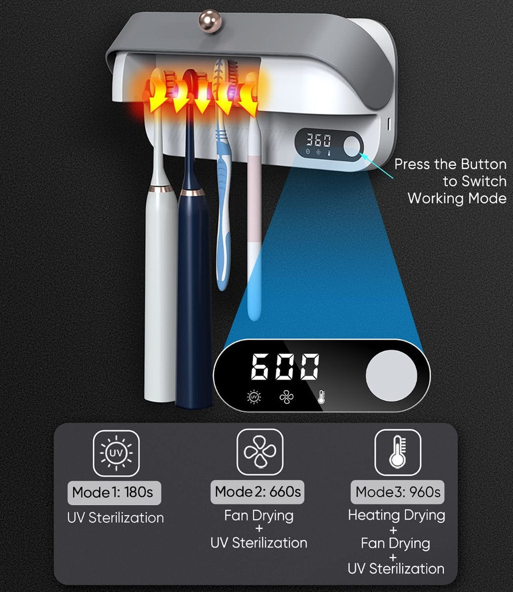 StarWin UV Toothbrush Sanitizer Dryer Heating and Fan Drying Function UVC-LED Tooth Brush Cleaner Sterilizer Holder Wall Mounted Suitable for Oral-B and Other Toothbrushes