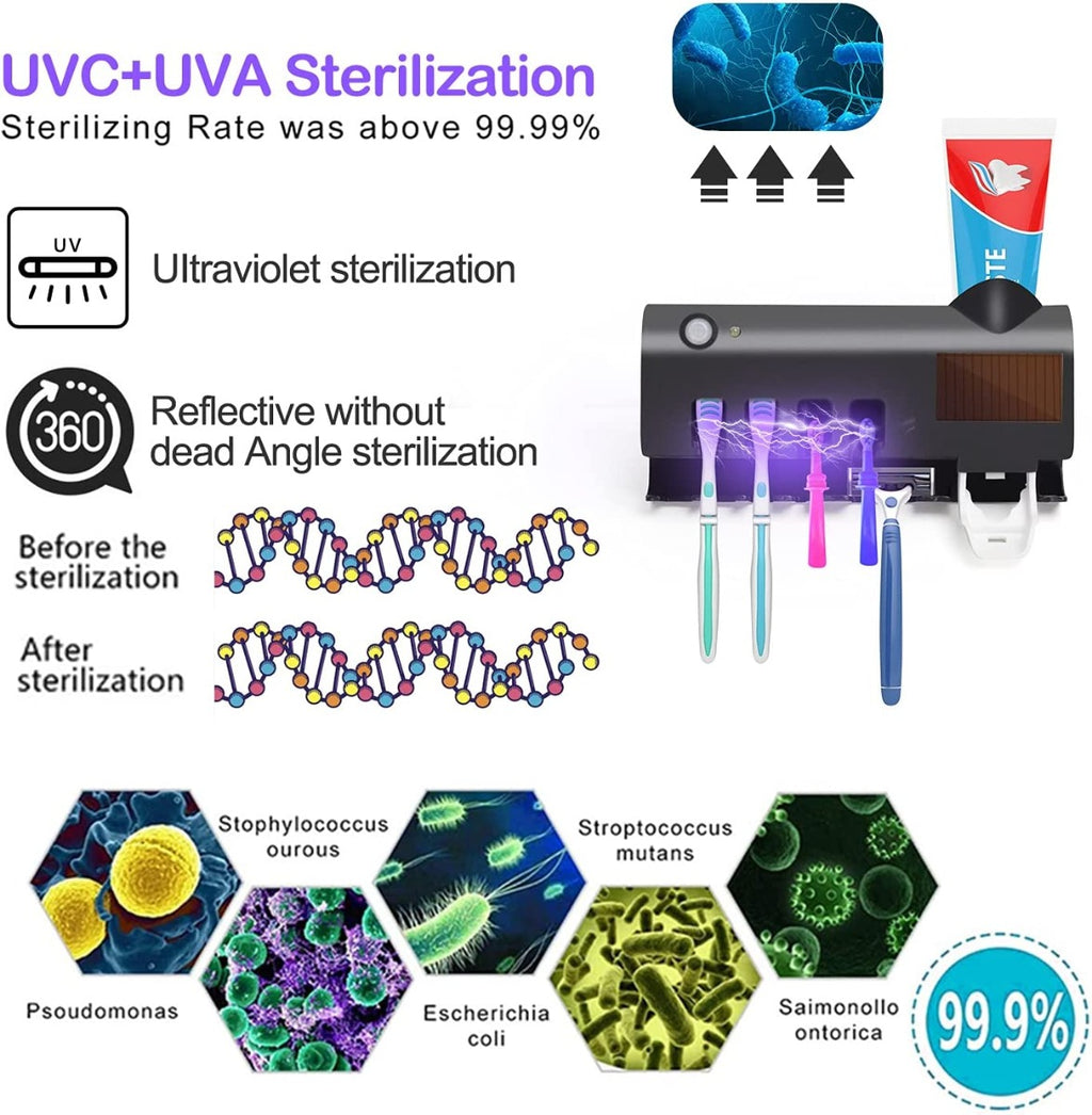TAISHAN UV Toothbrush Sanitizer Holder for All Toothbrushes, Shaver Available Wall Mount Sticker Plus Toothpaste Dispenser, Wireless Charging, Solar Panel & Sensor